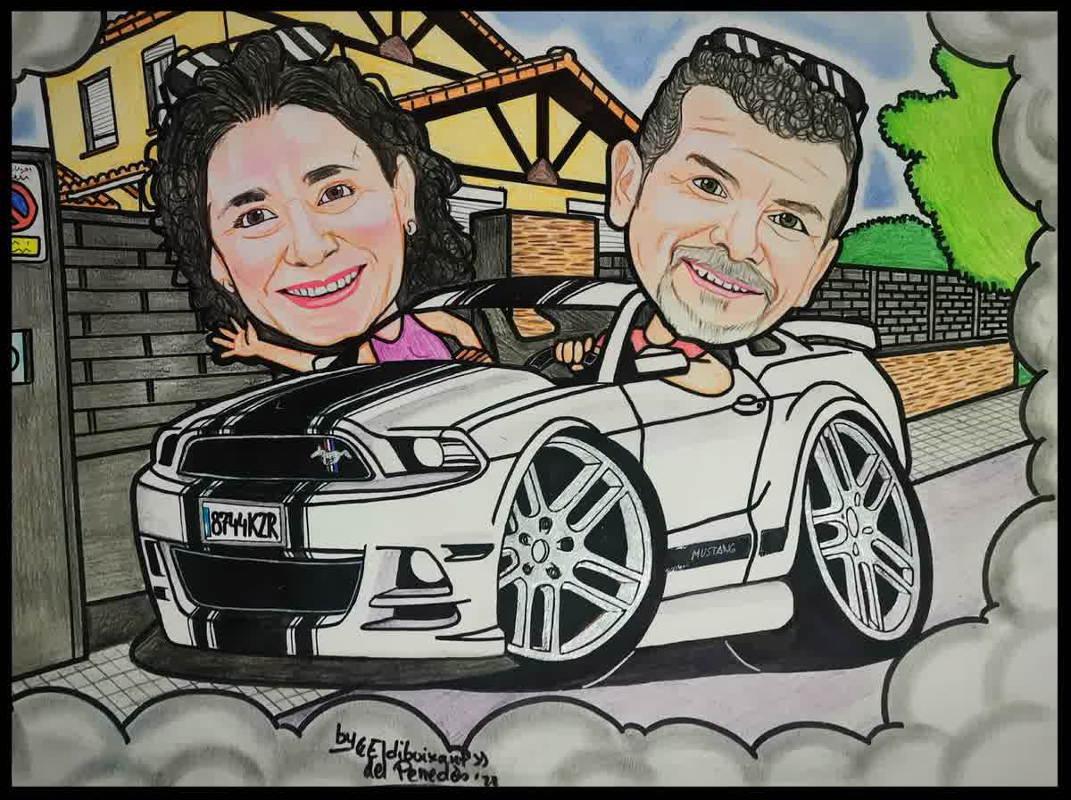 Caricatura de parella amb cotxe Mustang